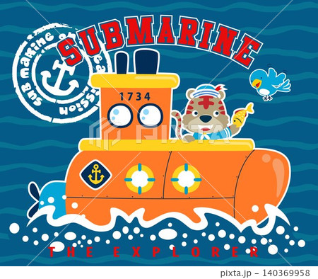 Cartoon of cat on submarine feeding a bird with a fish. Vector cartoon illustration Cartoon of cat on submarine feeding a bird with a fish. Vector cartoon illustration 140369958