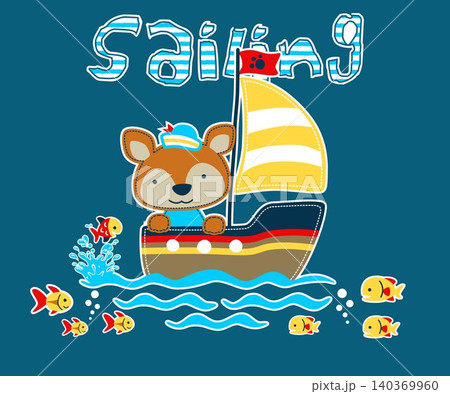 Little fox on sailboat with fishes. Vector cartoon illustration Little fox on sailboat with fishes. Vector cartoon illustration 140369960