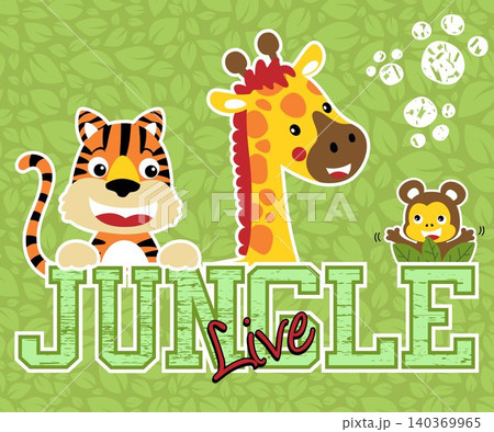 Funny jungle animals cartoon, tiger, giraffe, monkey on seamless pattern of leaves background. Vector cartoon illustration Funny jungle animals cartoon, tiger, giraffe, monkey on seamless pattern of leaves background. Vector cartoon illustration 140369965