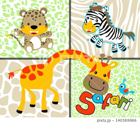 Funny animals cartoon on animals skin stripe background. Vector cartoon illustration Funny animals cartoon on animals skin stripe background. Vector cartoon illustration 140369966