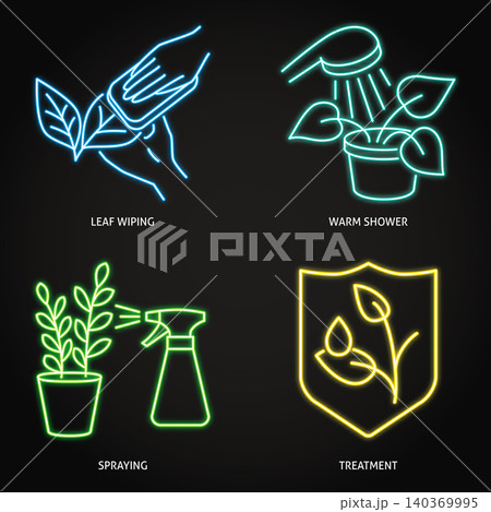 Washing and plant care neon icon set Washing and plant care neon icon set 140369995