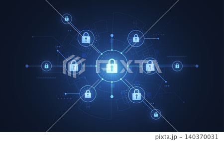 Cyber security technology background. Network protection concept with padlock icons connected on blue abstract digital interface. 140370031