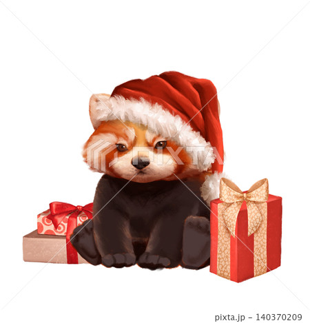Cute hand drawn red panda with santa hat christmas illustration 140370209
