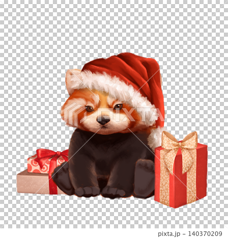 Cute hand drawn red panda with santa hat christmas illustration 140370209