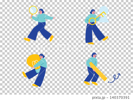 A set of illustrations of a woman brainstorming ideas. A set of illustrations of a woman brainstorming ideas. 140370391