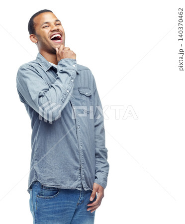 Laughing, African man and happy in studio, fashion and expression on white background. Smile, confidence and cheerful male model, comedy or funny humour in trendy or stylish denim with mock up space Laughing, African man and happy in studio, fashion and expression on white background. Smile, confidence and cheerful male model, comedy or funny humour in trendy or stylish denim with mock up space 140370462