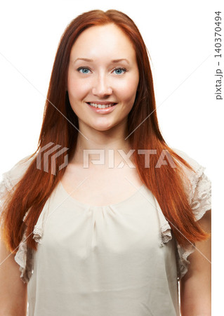 Hair care, ginger and portrait of happy woman with beauty in white background for a red shine. Wellness, natural model or person in studio with healthy glow, smile or hairstyle results for confidence Hair care, ginger and portrait of happy woman with beauty in white background for a red shine. Wellness, natural model or person in studio with healthy glow, smile or hairstyle results for confidence 140370494