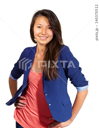 Portrait, fashion and smile of woman with confidence in studio isolated on a white background. Face, model and happy young student in casual clothes, trendy or stylish outfit on a backdrop in Spain 140370512