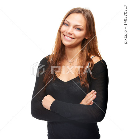 Portrait, fashion and smile with woman arms crossed in studio isolated on white background for casual style. Model, clothes and confident with happy young gen z person in trendy clothing outfit Portrait, fashion and smile with woman arms crossed in studio isolated on white background for casual style. Model, clothes and confident with happy young gen z person in trendy clothing outfit 140370517