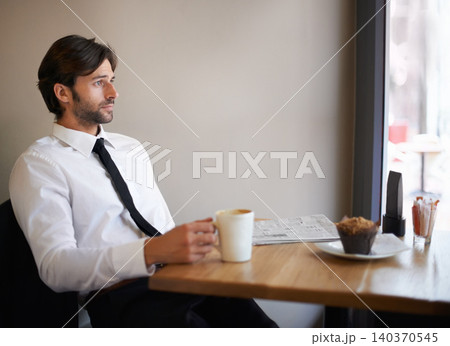 Businessman, window and thinking at coffee shop with newspaper for information, opportunity and idea for company. Entrepreneur, break and vision with imagination and plan for startup business. 140370545