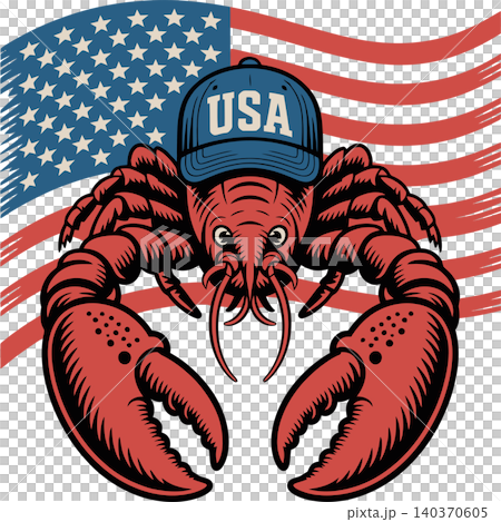 Patriotic Lobster with USA Hat and American Flag Illustration Patriotic Lobster with USA Hat and American Flag Illustration 140370605