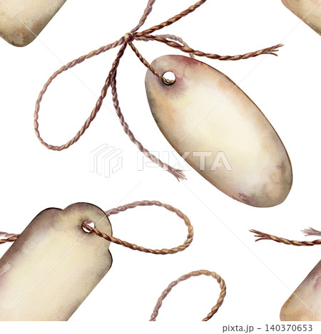 Vintage tags and twine bow seamless pattern watercolor illustration. Craft paper labels with string ribbon for organic pharmacy branding, handmade soap packaging design, rustic eco wellness print 140370653