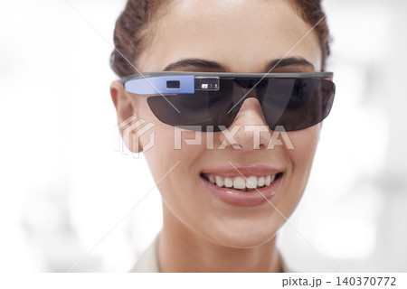 Augmented reality, woman and portrait with smart glasses for internet, technology or protection from sun. Metaverse, face and happy female person for innovation, futuristic eyewear and fashion. Augmented reality, woman and portrait with smart glasses for internet, technology or protection from sun. Metaverse, face and happy female person for innovation, futuristic eyewear and fashion. 140370772