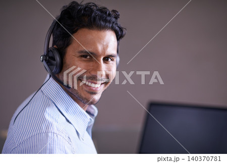 Man, call center and portrait with CRM and smile for tech support, help desk and communication with headset. Customer service consultant, contact us and telecom with mic for telemarketing sales Man, call center and portrait with CRM and smile for tech support, help desk and communication with headset. Customer service consultant, contact us and telecom with mic for telemarketing sales 140370781
