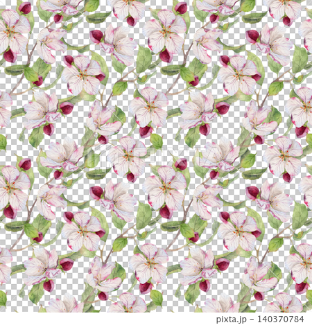 Seamless watercolor pattern with apple tree branches, blossoms, buds and green leaves Seamless watercolor pattern with apple tree branches, blossoms, buds and green leaves 140370784