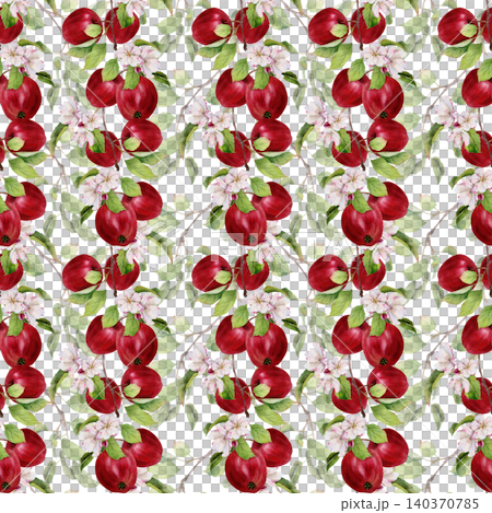 Seamless watercolor pattern with red apples on branches with leaves and apple blossoms 140370785