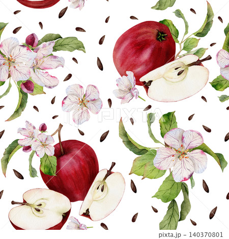 Seamless watercolor pattern with red apples, apple blossoms, slices and seeds Seamless watercolor pattern with red apples, apple blossoms, slices and seeds 140370801
