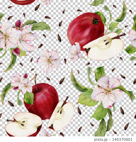 Seamless watercolor pattern with red apples, apple blossoms, slices and seeds Seamless watercolor pattern with red apples, apple blossoms, slices and seeds 140370801