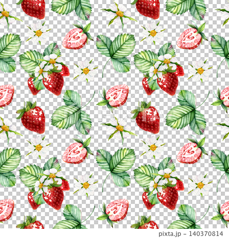 Watercolor strawberry seamless pattern with berries sliced fruit flowers and leaves 140370814