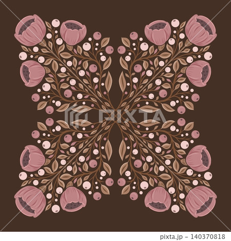 Vector tracery floral kaleidoscope. Decorative ornament of bouquets of poppies. Folk art blooming wildflowers Vector tracery floral kaleidoscope. Decorative ornament of bouquets of poppies. Folk art blooming wildflowers 140370818