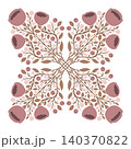 Vector geometric floral kaleidoscope in beige tones. Decorative silhouette of poppies. Folk art blooming wildflowers. 140370822