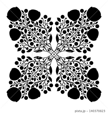 Vector black silhouette of floral kaleidoscope. Decorative print of poppies. Monochrome folk art blooming wildflowers. Vector black silhouette of floral kaleidoscope. Decorative print of poppies. Monochrome folk art blooming wildflowers. 140370823