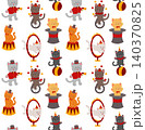 Vector seamless pattern with cute circus cats in a childish style. Texture with naive drawing kittens, acrobats, juggler 140370825