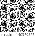 Vector folk art monochrome seamless pattern with poppies and berries on white background. floral ornament. Texture with black silhouette of flowers 140370827
