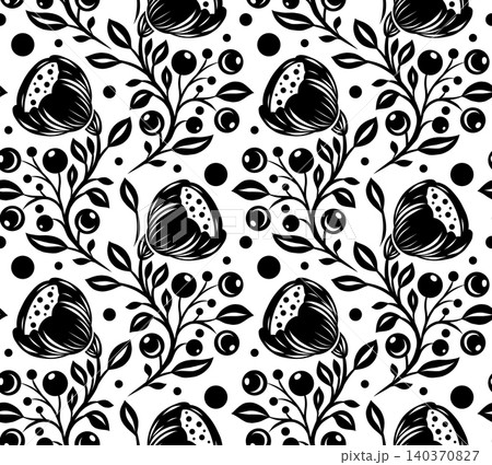 Vector folk art monochrome seamless pattern with poppies and berries on white background. floral ornament. Texture with black silhouette of flowers Vector folk art monochrome seamless pattern with poppies and berries on white background. floral ornament. Texture with black silhouette of flowers 140370827