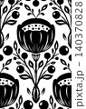 Vector seamless pattern with black silhouette of poppies and berries on a white background. Monochrome tracery texture with decorative flowers 140370828