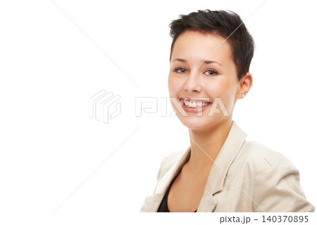 Portrait, smile and business woman in studio for job, career and mockup space isolated on a white background. Face, professional and happy entrepreneur, employee or young consultant working in Spain Portrait, smile and business woman in studio for job, career and mockup space isolated on a white background. Face, professional and happy entrepreneur, employee or young consultant working in Spain 140370895