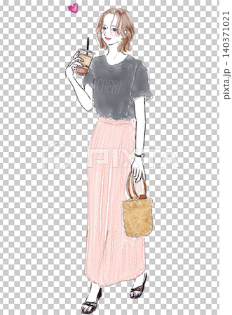 Full body of a woman in a long skirt holding a coffee cup Full body of a woman in a long skirt holding a coffee cup 140371021