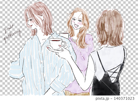 Three close female friends chatting at a cafe. Three close female friends chatting at a cafe. 140371023
