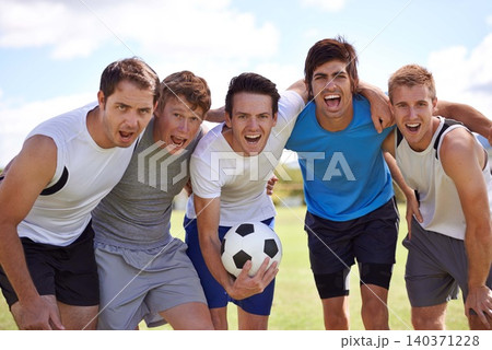 Soccer, men and hug in portrait with group at game for fitness, exercise and happy with sport. People, teamwork and embrace with pride for support, solidarity or football with friends in competition Soccer, men and hug in portrait with group at game for fitness, exercise and happy with sport. People, teamwork and embrace with pride for support, solidarity or football with friends in competition 140371228