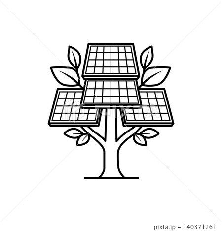 Minimalist isometric outline icon of a sustainable solar panel tree. Clean black and white line art symbol for renewable green energy and eco lifestyle. 140371261