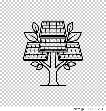 Minimalist isometric outline icon of a sustainable solar panel tree. Clean black and white line art symbol for renewable green energy and eco lifestyle. 140371261