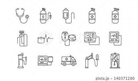 Medical gas and oxygen therapy equipment icons with healthcare hospital equipment treatment respiratory supplies clinical diagnostic emergency monitoring analysis ambulance medicine 140371280