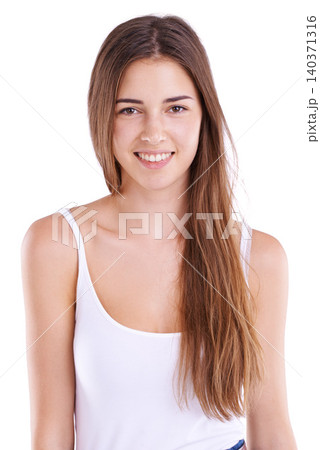 Portrait, beauty and hair with casual woman in studio isolated on white background for salon treatment. Aesthetic, cosmetics and keratin or shampoo for haircare with happy young person at spa 140371316