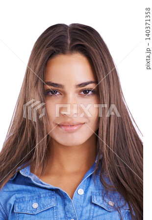 Portrait, woman and smile for hair care, fashion and casual style in studio on white background. Natural styling, female person and fashionable denim shirt with healthy, gloss and volume on mockup 140371358