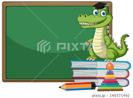 Cartoon Crocodile Student Standing Next to a Blank Green Chalkboard Cartoon Crocodile Student Standing Next to a Blank Green Chalkboard 140371492