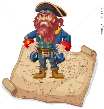 Angry Pirate Standing on Treasure Map Illustration Angry Pirate Standing on Treasure Map Illustration 140371499