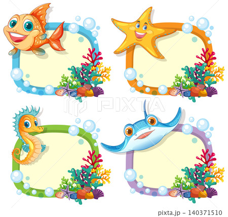 Cartoon Sea Creatures with Underwater Coral Frame Labels Cartoon Sea Creatures with Underwater Coral Frame Labels 140371510