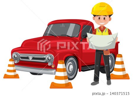 Construction Worker With Blueprint Near Red Pickup Truck Construction Worker With Blueprint Near Red Pickup Truck 140371515