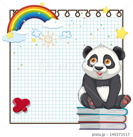 Cute Panda Sitting on Books with Rainbow Notebook Background 140371517