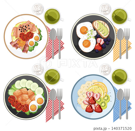 Healthy Breakfast Plates with Eggs, Fruit, and Tea Overhead 140371520