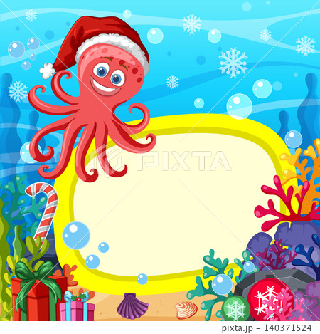 Cartoon Octopus Wearing Santa Hat with Underwater Christmas Frame Cartoon Octopus Wearing Santa Hat with Underwater Christmas Frame 140371524