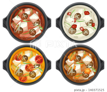 Four Varieties of Asian Hot Pot Soup in Bowls 140371525