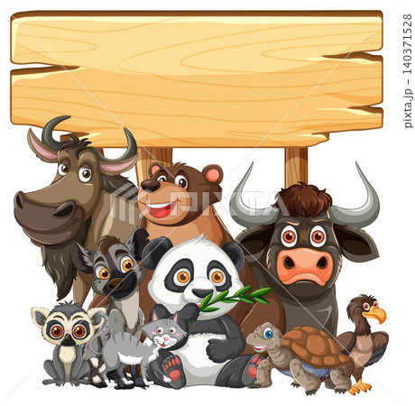 Group of Cartoon Wild Animals with Wooden Signboard Group of Cartoon Wild Animals with Wooden Signboard 140371528