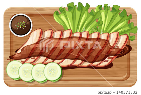 Grilled Pork Belly Slices with Vegetables on Wooden Board Grilled Pork Belly Slices with Vegetables on Wooden Board 140371532