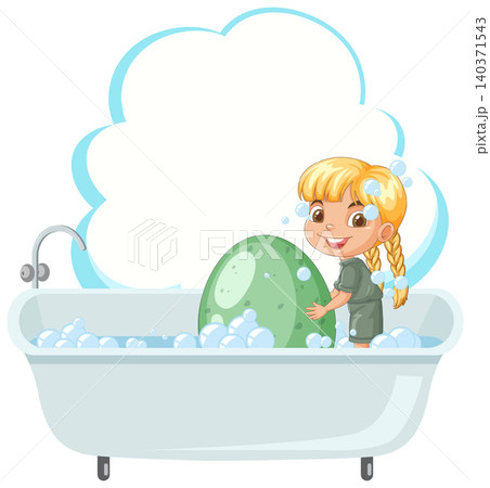 Cartoon Girl Washing Large Green Egg in Bathtub with Bubbles Cartoon Girl Washing Large Green Egg in Bathtub with Bubbles 140371543